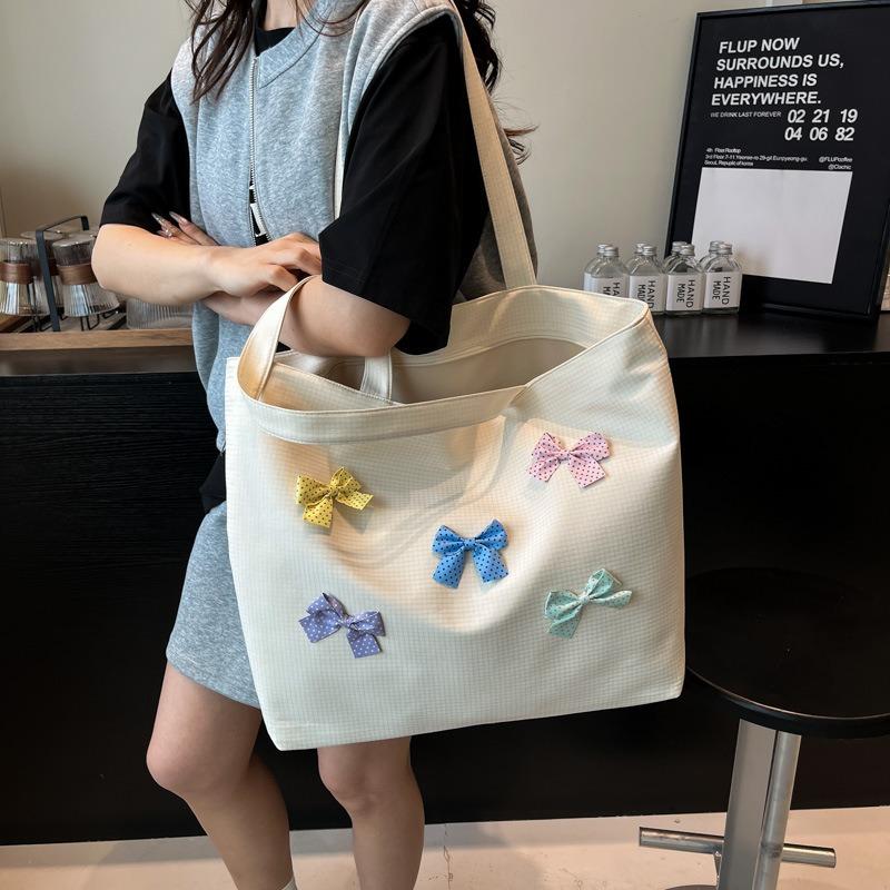 Bow Shoulder Bag Spring and Summer New Fashion Casual Canvas Bag Large Capacity Class Tote Women's Bag