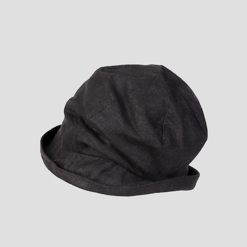 

Japanese Cotton Linen Pleated Women Fisherman Hat Small Brim Summer UV Resistant Breathable Linen Bucket Hat Wrapped Head Ladies 56-58cm чорний