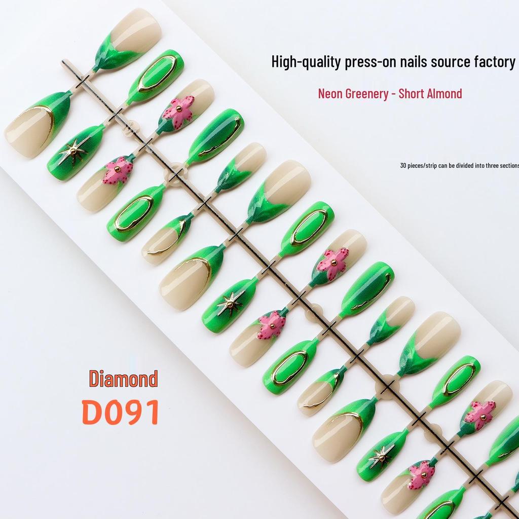 3D Almond-Shaped Wearable Nails: High-End Embossed Neon Green Nail Tips