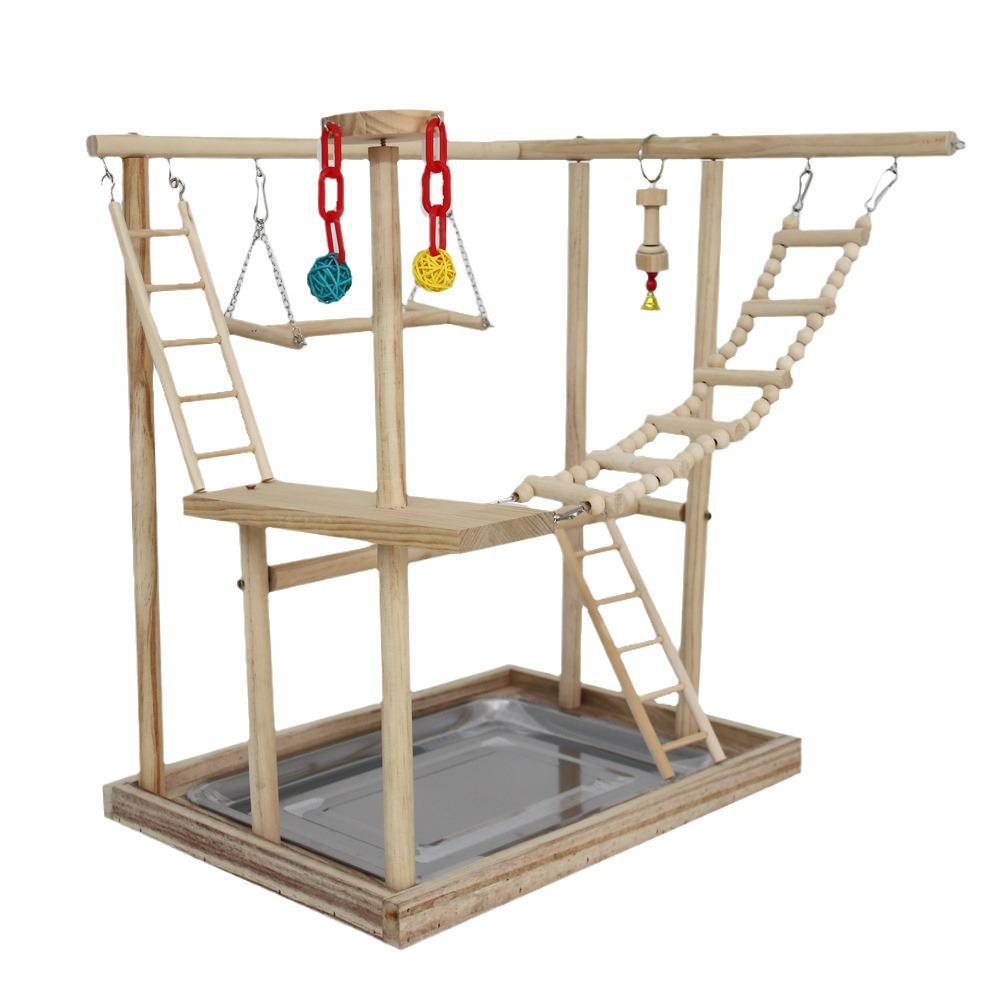 New Bird Training Stand with Toys - Solid Wood Interactive Parrot Playground