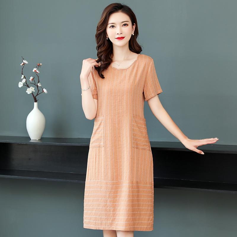 Sommer Gestreiftes Midikleid Frauen Casual Lose Kurzarm Plus Size Kleider Sommerkleidung Mit Taschen