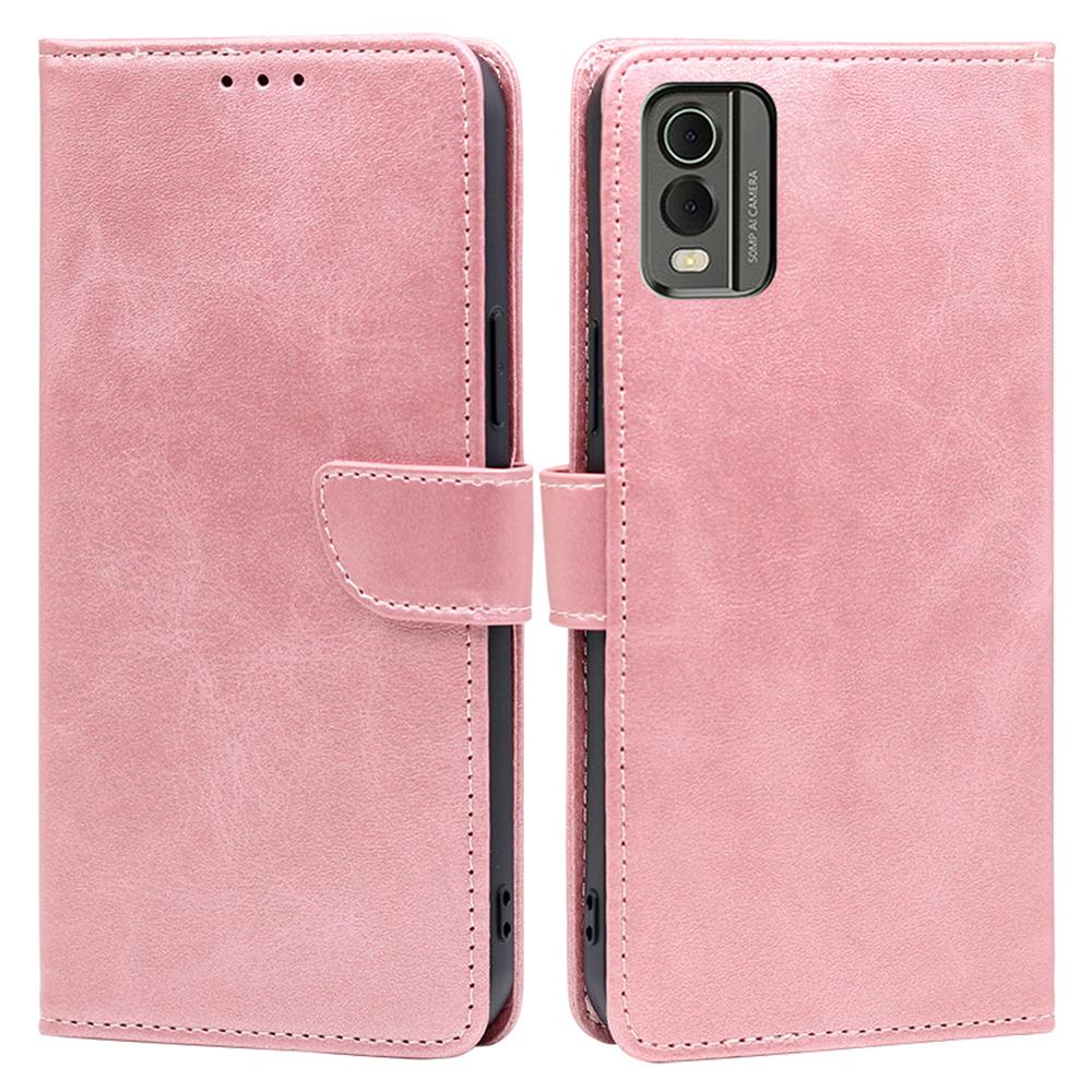 

Phone Folio Cover for Nokia C32 Calf Texture Stand Wallet PU Leather+TPU Protective Case Rose Gold