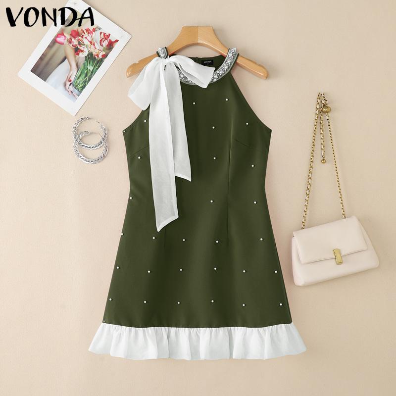 

VONDA Женское повседневное мини-платье без рукавов с бантом, пайетками и бисером, приталенное 5XL