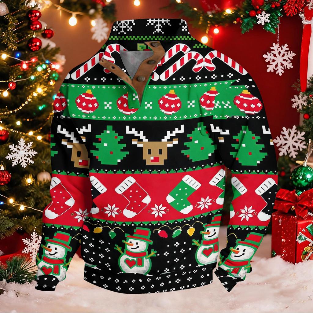 Men's Funny Novelty Christmas Print Button Pullover Hoodie Sweatshirt for Holiday Party