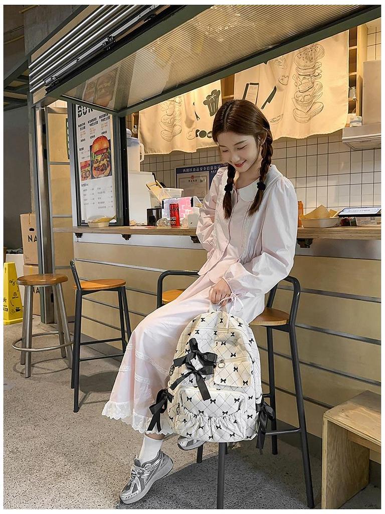 Bow Print Backpack for Junior/Senior High School, Versatile Casual Double-Compartment Student Bag