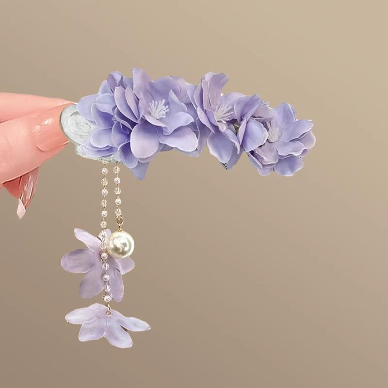 

Gentle Purple Flower Hair Clip With Super Fairy Temperament Pearl Tassel Headband Large Duckbill Half Tied At Back Of Head