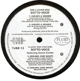 

12inch Record SOTTO VOCE Higher Higher Dreams One Night TJSB13 T.J.S.B. 1995 Canada Dance Electronica Used