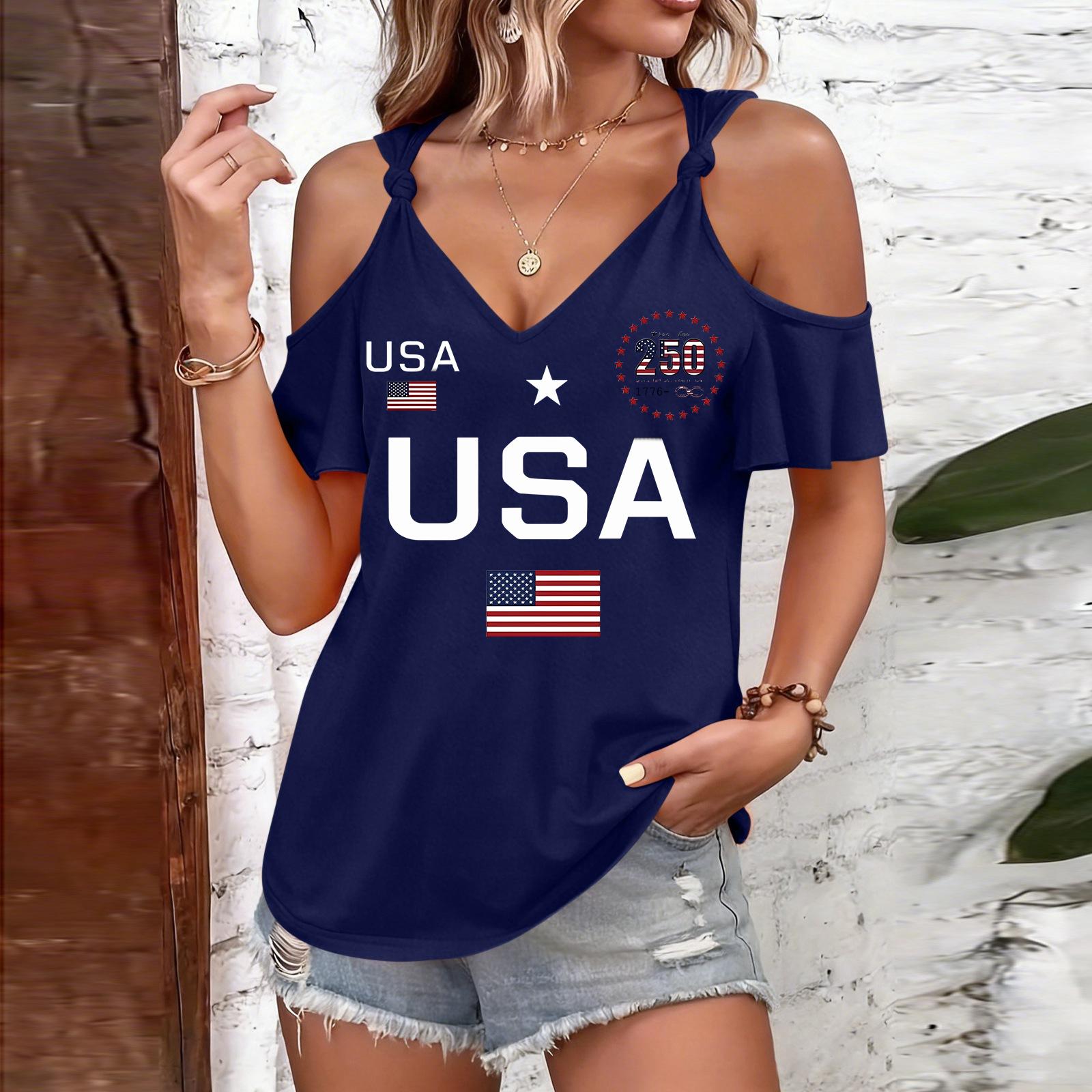 

Women Casual Cold Shoulder Short Sleeve T Shirt USA Print 250th Anniversary Graphic Tee with Tie Strap Round Neck Top for Summer M