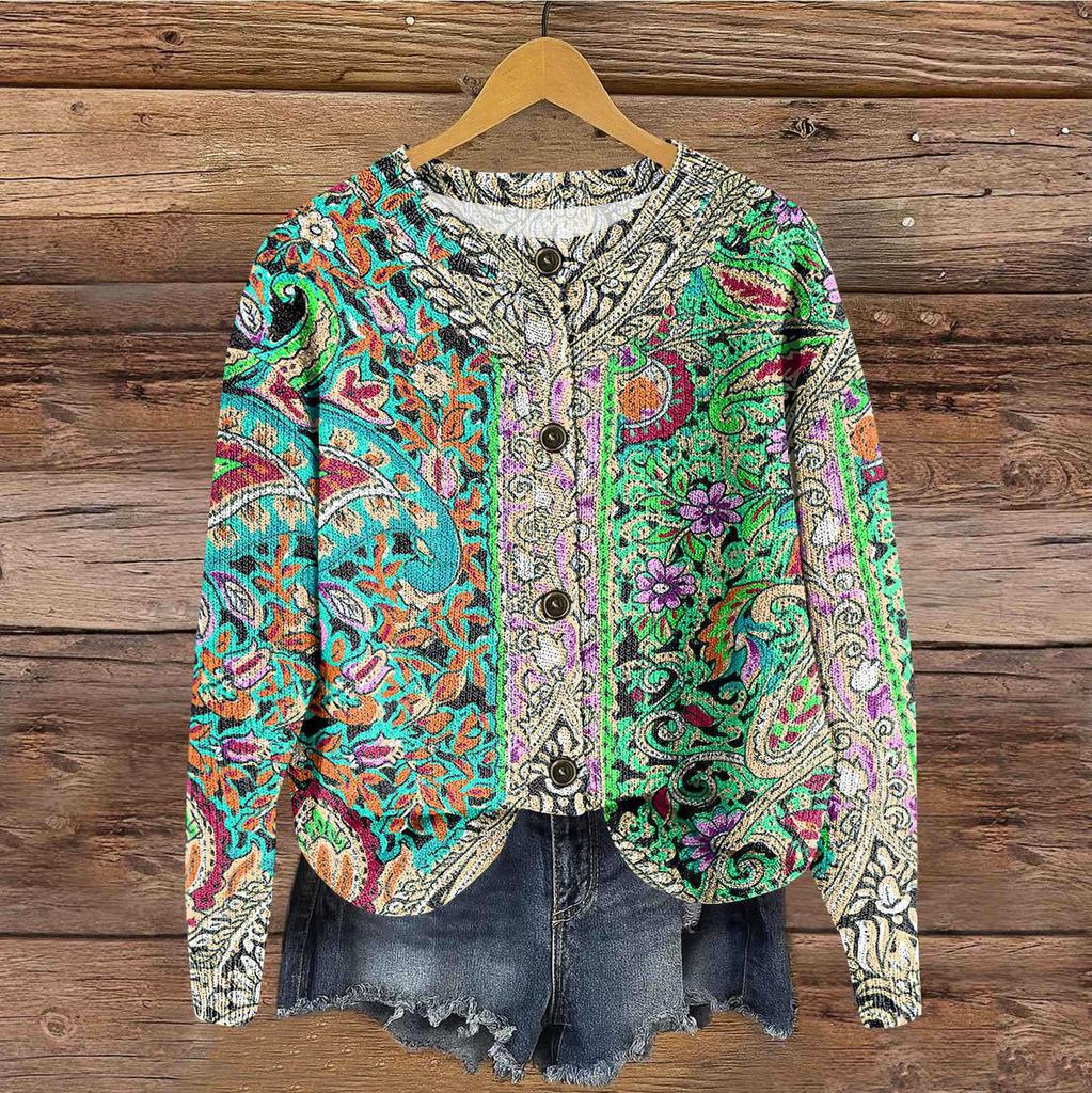 Women's Vintage Knit Button Vintage Print Cardigan Jacket