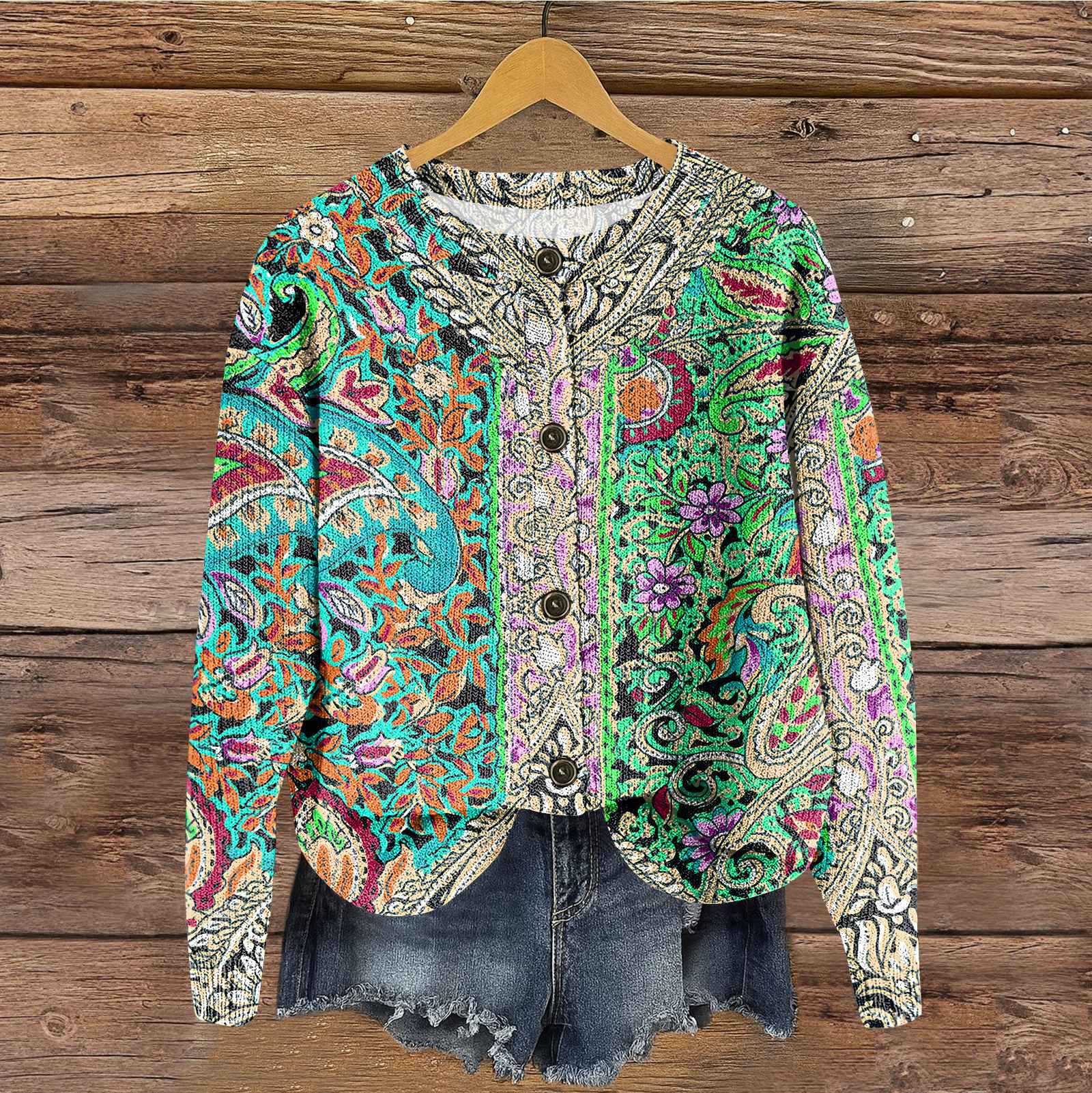 

Женский винтажный вязаный кардиган на пуговицах с винтажным принтом XXL