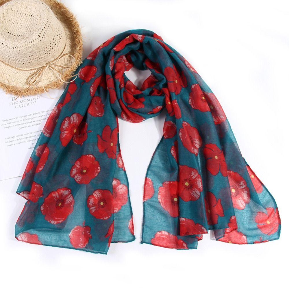 Colorful Poppy Print Scarf 180*90cm Smooth Poppy Floral Shawl Breathable Cotton Voile Poppies Floral Wrap for Women Ladies