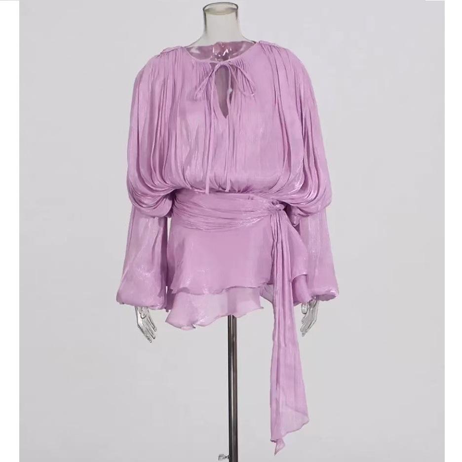 Conjunto de dos piezas de falda corta con volantes y manga abullonada estilo francés, vestido corto