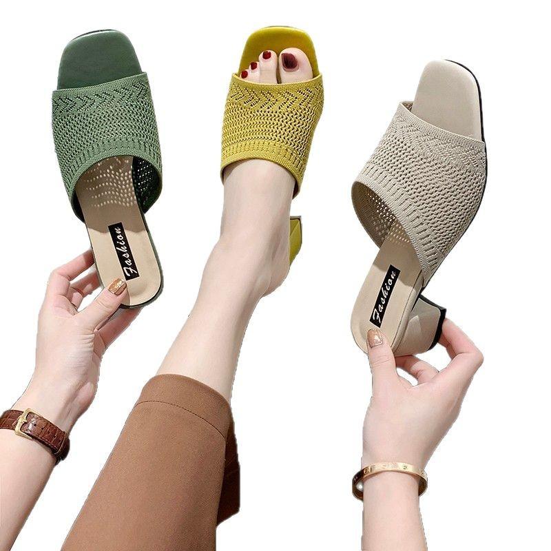 High-heeled Sandals Women's 2025 Summer Outer Wear New Korean Version of Flying Knitting One-word Fashion Thick-soled Cool Slippers