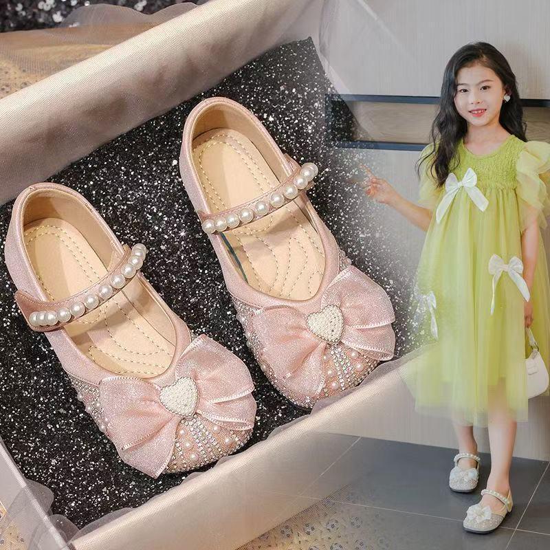 2026 Spring Girls' Princess Pearl Bow Leather Dress Shoes with Rhinestones - Korean Style, Soft Sole