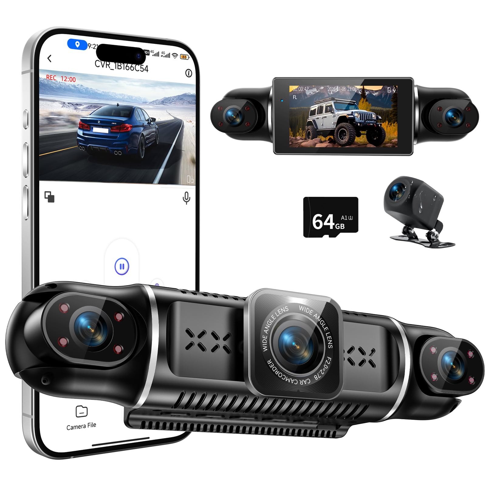 

CARKUMI D1 Dash Cam with and Surround Features Parking Loop Emergency and Infrared Night Includes a 64GB SD 4-Camera 360-Degree Viewing, Wi-Fi,