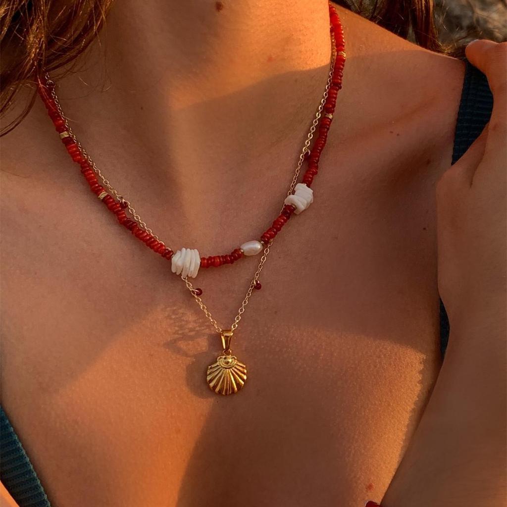 Handcrafted Red Beaded Shell & Pearl Pendant Layered Necklace
