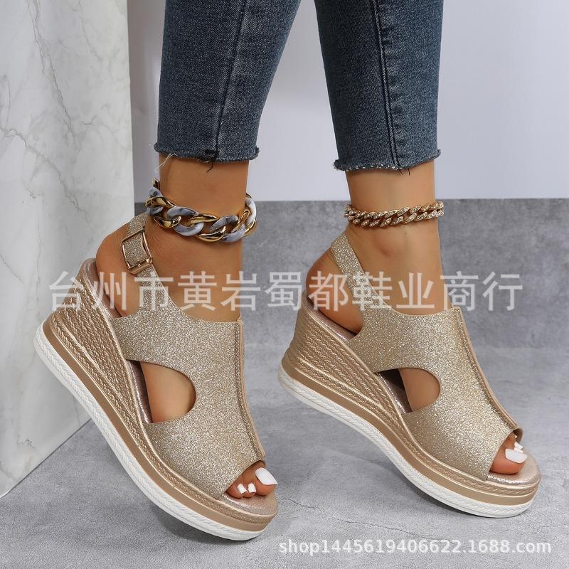 

Summer large size wedge heel women s sandals thick sole fish mouth hollow sandals women s buckle high heel sandals large size 43 золотой