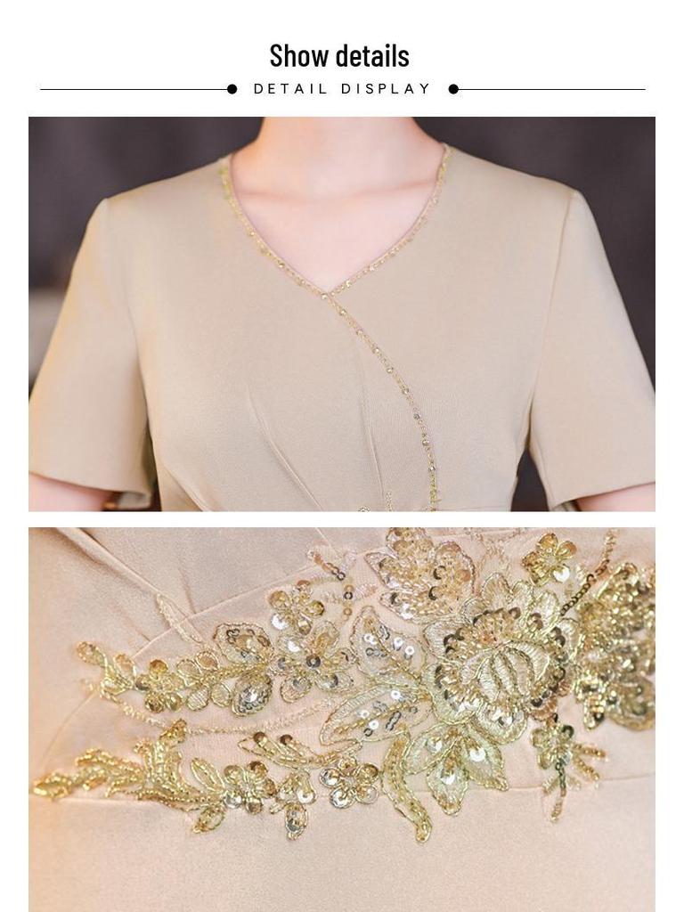 2024 Summer Champagne Formal Dress for Stylish Mothers: Slimming, Waist-Cinching, Perfect for Weddings and Daily Outings