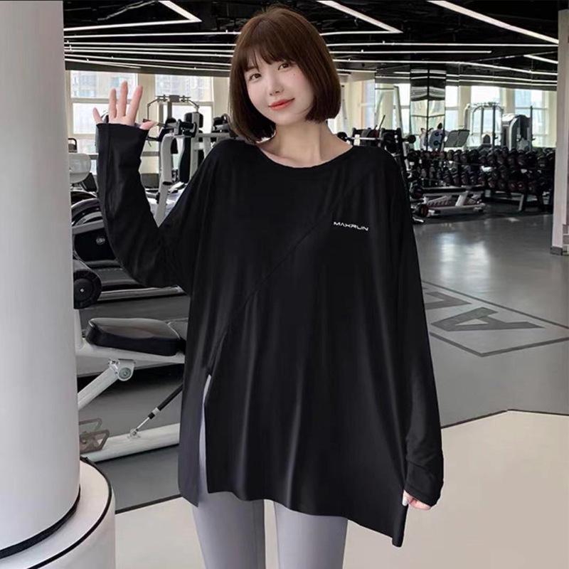 

Быстросохнущие женские топы для йоги и бега: Свободный крой, спортивный дизайн с разрезом, футболки для фитнеса больших размеров с длинным рукавом M for 75-100 kg