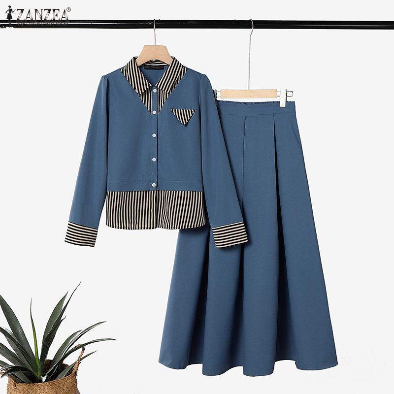ZANZEA Women Long Sleeve Patchwork Blouse and Long Skirts Casual Two Piece Suit Sets