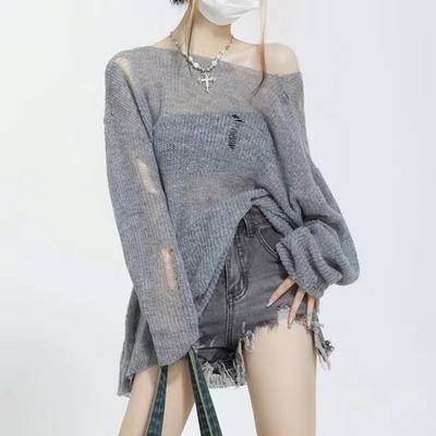 Autumn Long Sleeved Loose Cut Out Pullover Women Sunscreen Sweater Fashion Loose Simple Knitted Tops Thin Hole Elegant Office Shirts Clothing