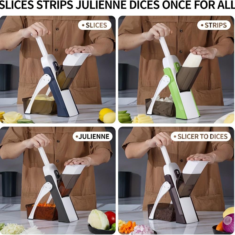 Mandolinskjærer, Sikker fingerdesign, Potet- og grønnsakshakker, Pommes frites-kutter, Justerbar tykkelse, Profesjonelt kjøkkenredskap, Grønn plast