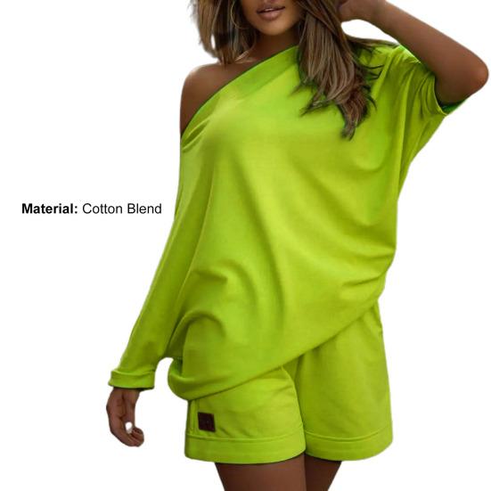2 Pcs/Set Women Tracksuit Solid Color One-shoulder Short Pants Leisure Summer Top Set for Daily Wear
