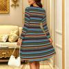Women Long Sleeve Round Neck Midi Dress Vintage Geometric Floral Plum Blossom Stripe Dot Print Flared Casual Dress