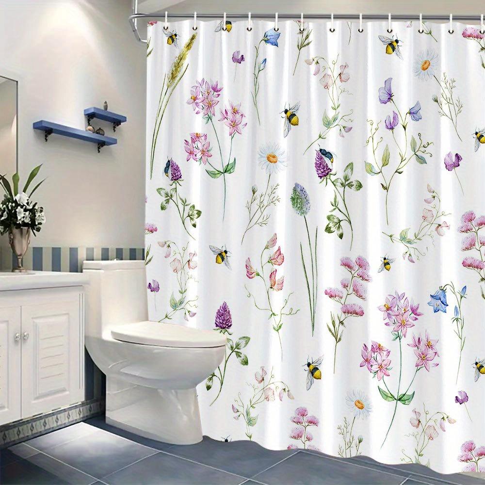 1 Watercolor Floral Shower Curtain With Lavender, Pink And Purple Flowers, Bees And Butterflies, With Hooks, Machine Washable