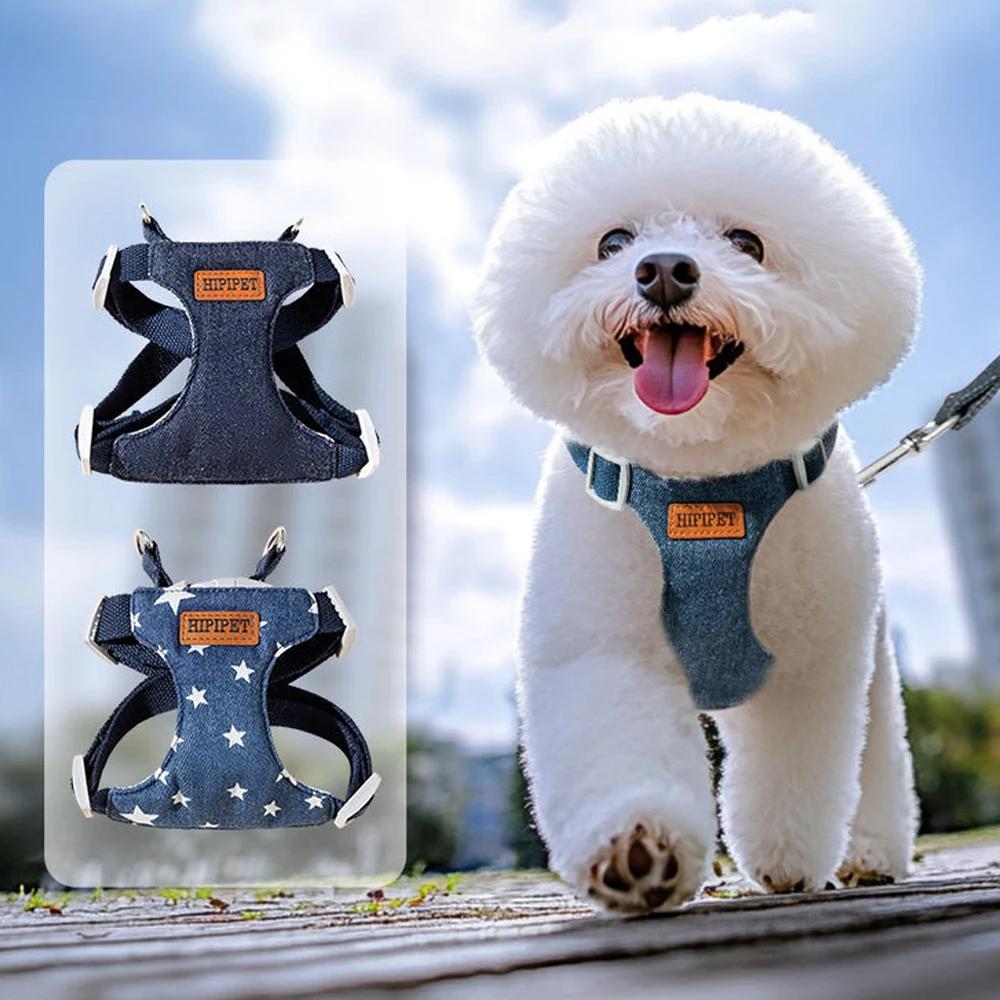 Hundegeschirr-Set mit 2M Leine Denim-Geschirr Verstellbarer Gurt für kleine und mittlere Hunde Katzen Hundezubehör Outdoor für Bichon Frisé