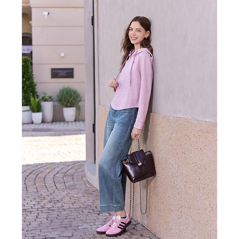 BETU Women's Contrast Stitch Cropped High-Waist Denim Wide-Leg Pants