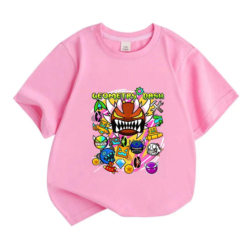 Kids Boys Girls 100% Cotton Crew Neck Short Sleeve T-Shirt, Geometry Game Cartoon Print Casual Summer Tee for Children Daily Wear Active Tops