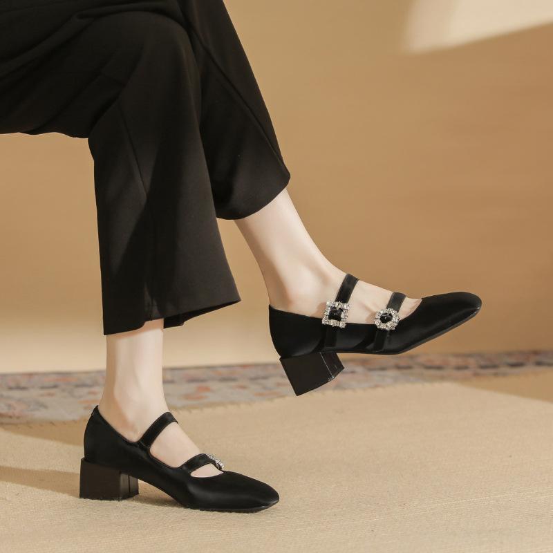 53301 [Discontinued] High Heels Women's Thick Heel 2025 New Square Head Rhinestone Mary Jane Shoes Shallow Mouth Single Shoes