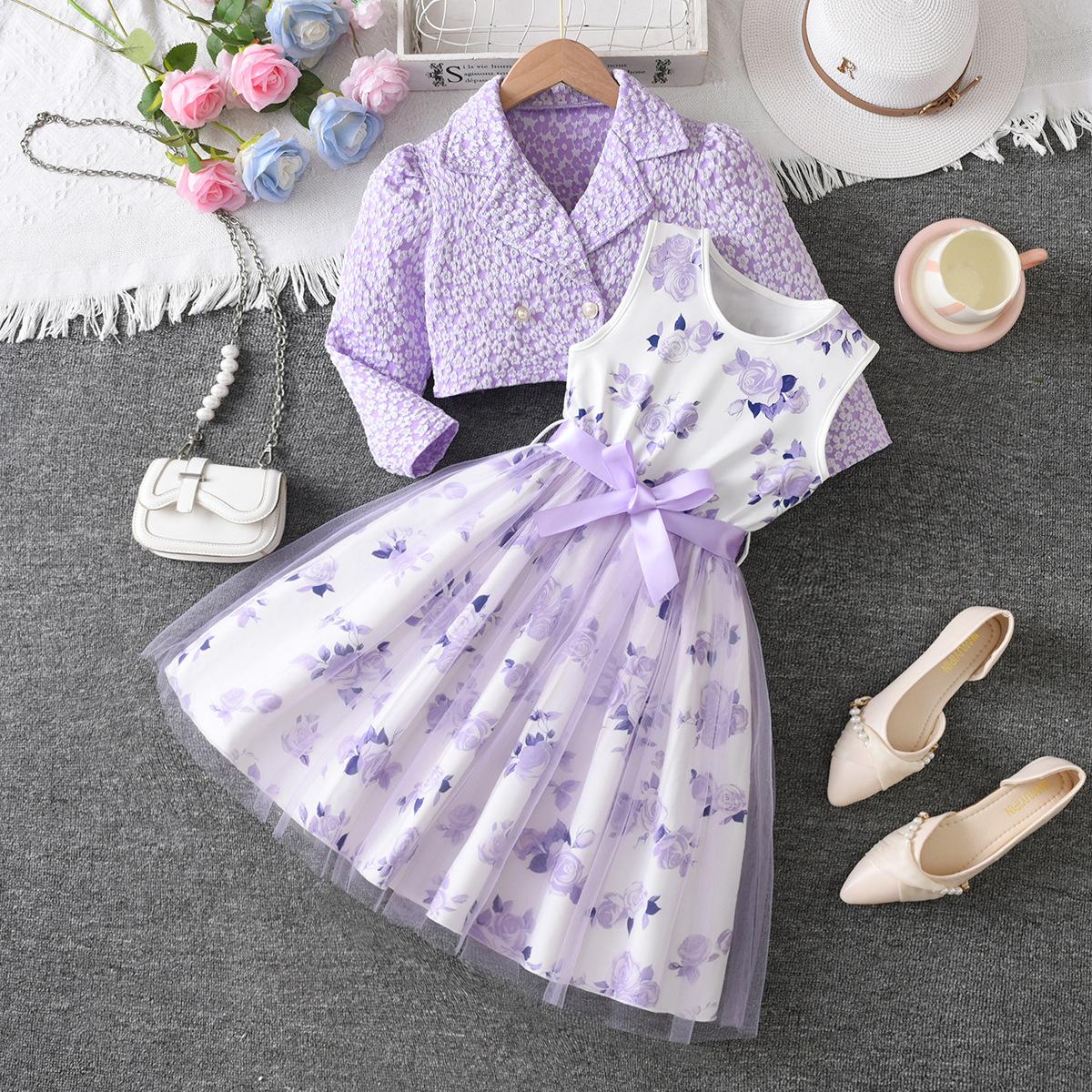 

Girls Fashion Two-Piece Set - Summer Children s Princess Blue Floral Jacket + Net Silk Dress Set 9-10Y