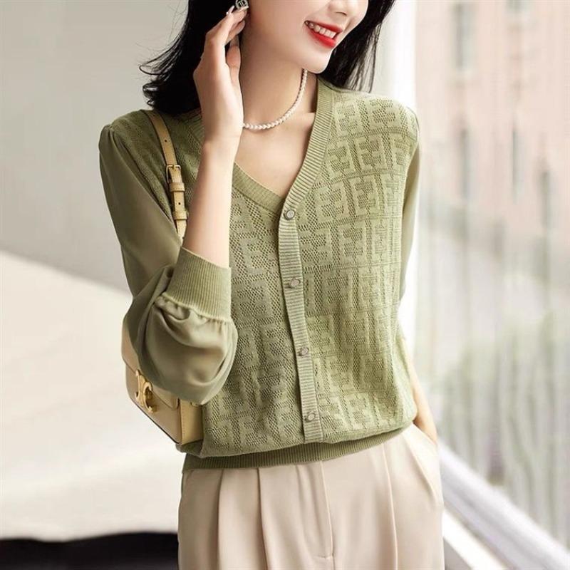 Fashionable Knitted Women's Autumn Wear Micro Transparent V-neck Long Sleeved Top T-Shirts Women’s