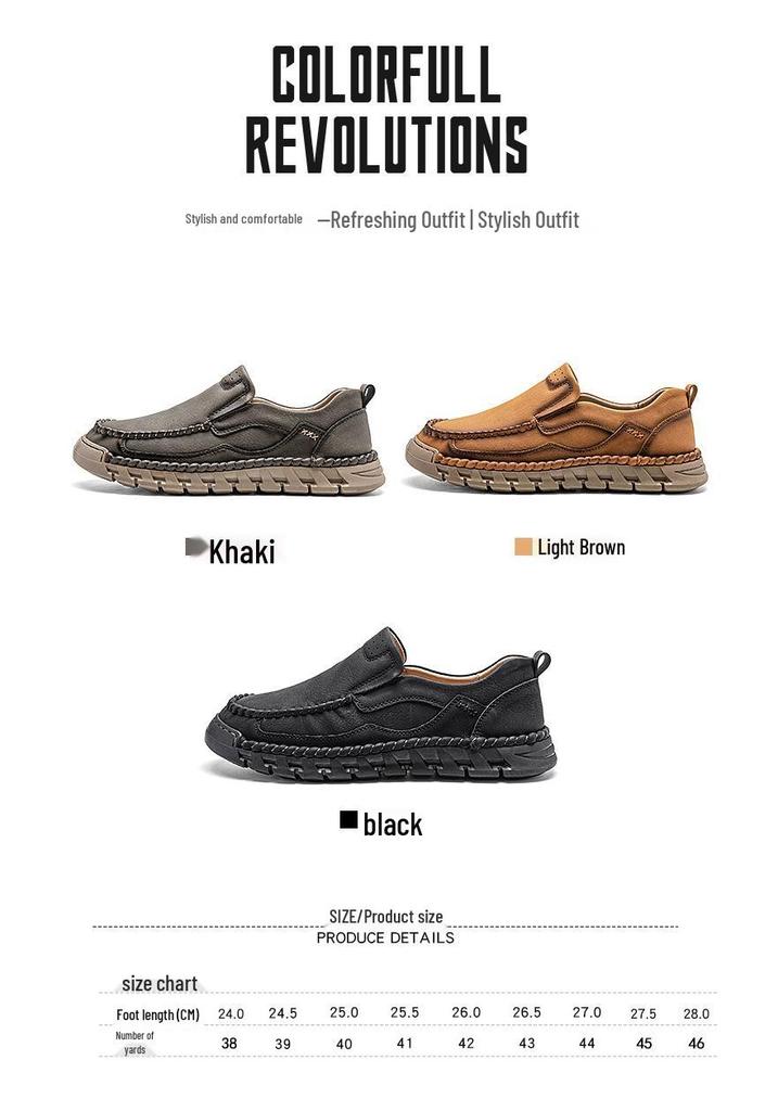 Men's Spring/Autumn Fashionable Slip-On Leather Shoes, Hand-Stitched, Large Size Casual Low-Top.