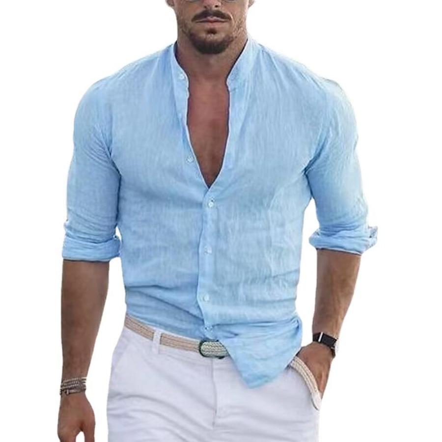 Men's Summer Autumn White Shirt Man Long Sleeve Cotton Linen Shirt Solid Blue Green Tops Clothing