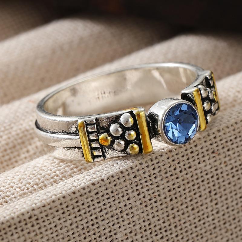Vintage Inlaid Blue CZ Women's Ring Ethnic Two Color Geometry Daily Wear Party Jewelry Anniversary Gift