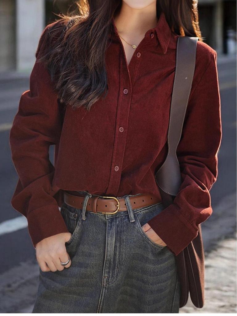 Women's High-Grade Corduroy Polo Shirt – Loose Fit, Purple, Korean Style for Spring & Autumn
