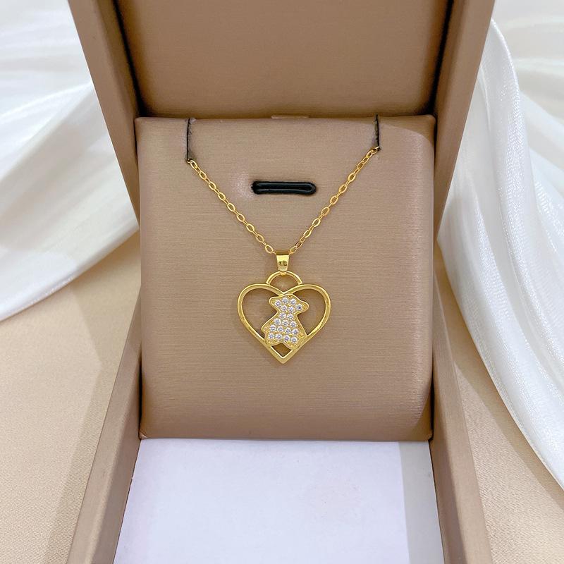Love Bear Full Diamond Light Luxury Temperament Gorgeous Full Diamond Necklace Female Versatile Collarbone Chain Titanium Steel Chain