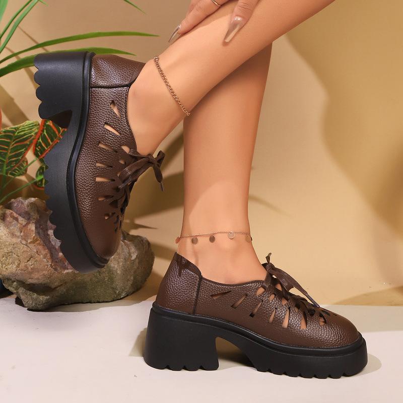 

Women s Elegantes Sandals Breathable Soft Leather Sandals Heels for Ladies Female Casual Lace Up High Heels Sandalias De Mujer 36 коричневий