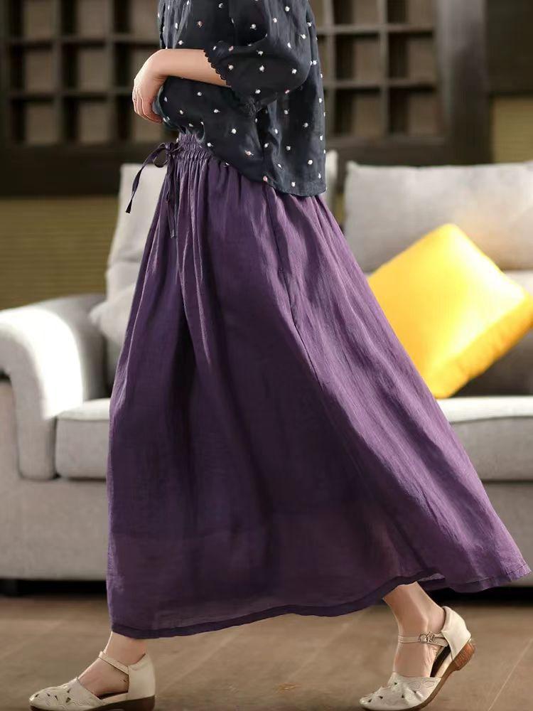 Johnature Women Vintage Patchwork Skirts Solid Color Elastic Waist Cloths Summer Loose Belt Female Skirts