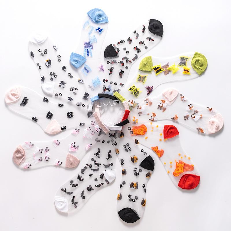 Cute Cartoon Animal Socks Women Summer Ultra-thin Transparent Crystal Silk Socks Casual Breathable Elastic Lace Socks