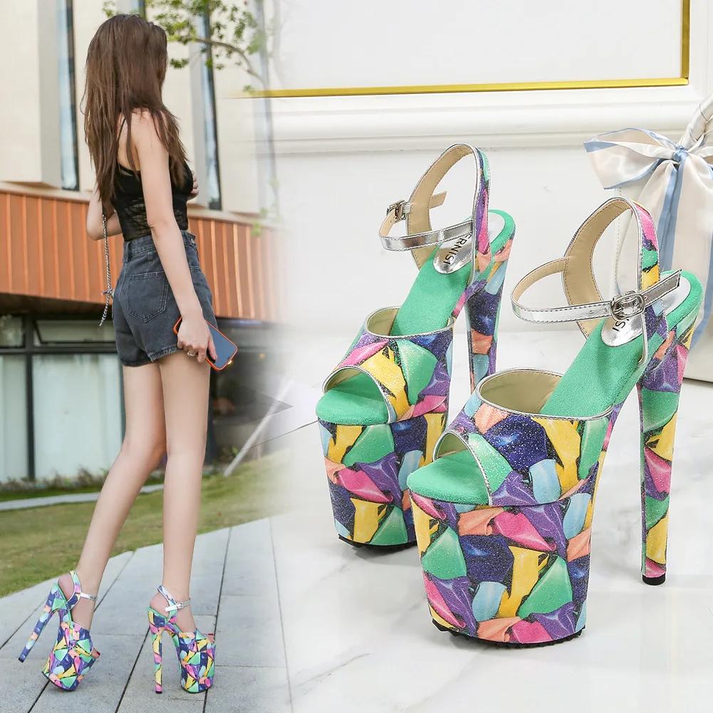 Fashion Unisex 20cm Metal Thin High Heels Platform Sandals Ankle Strap Shoes Woman Pumps SUMMER Peep Toe Stilettos zapatos mujer