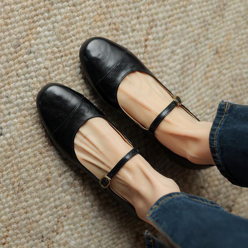 

New round head square heel beef tendon soft sole four seasons lazy shoes low heel casual single shoes women s genuine leather large size sheepskin 39 чёрный