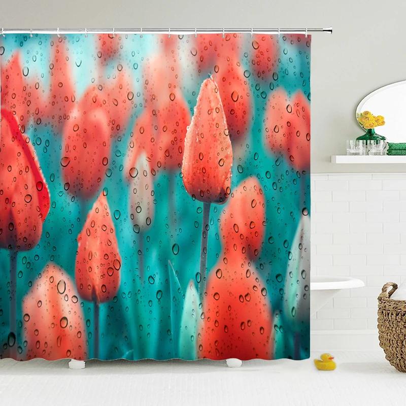 Tulip Rose Fresh Flowers Shower Curtains Waterproof Polyester Fabric 3D Printed Bathroom Screen Home Decoration Shower Curtain