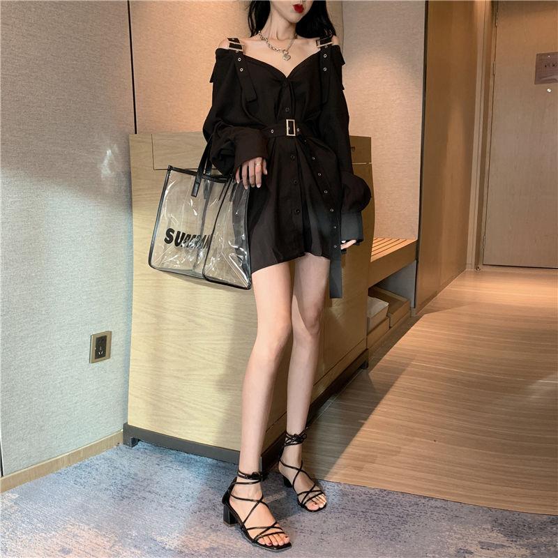 Rochie Gotică Neagră Cămașă Sexy Rochii Mini cu Curea Vară Punk Mânecă Lungă Bretea Umeri Goi Haine Femei Petrecere Vestidos