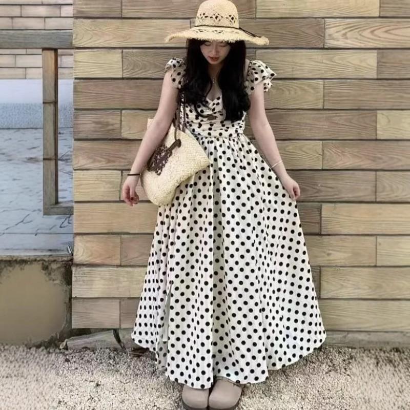 Large Size Fat Sister French Polka Dot Dress Women's Pleated Waist Slimming Temperament Long Sling
