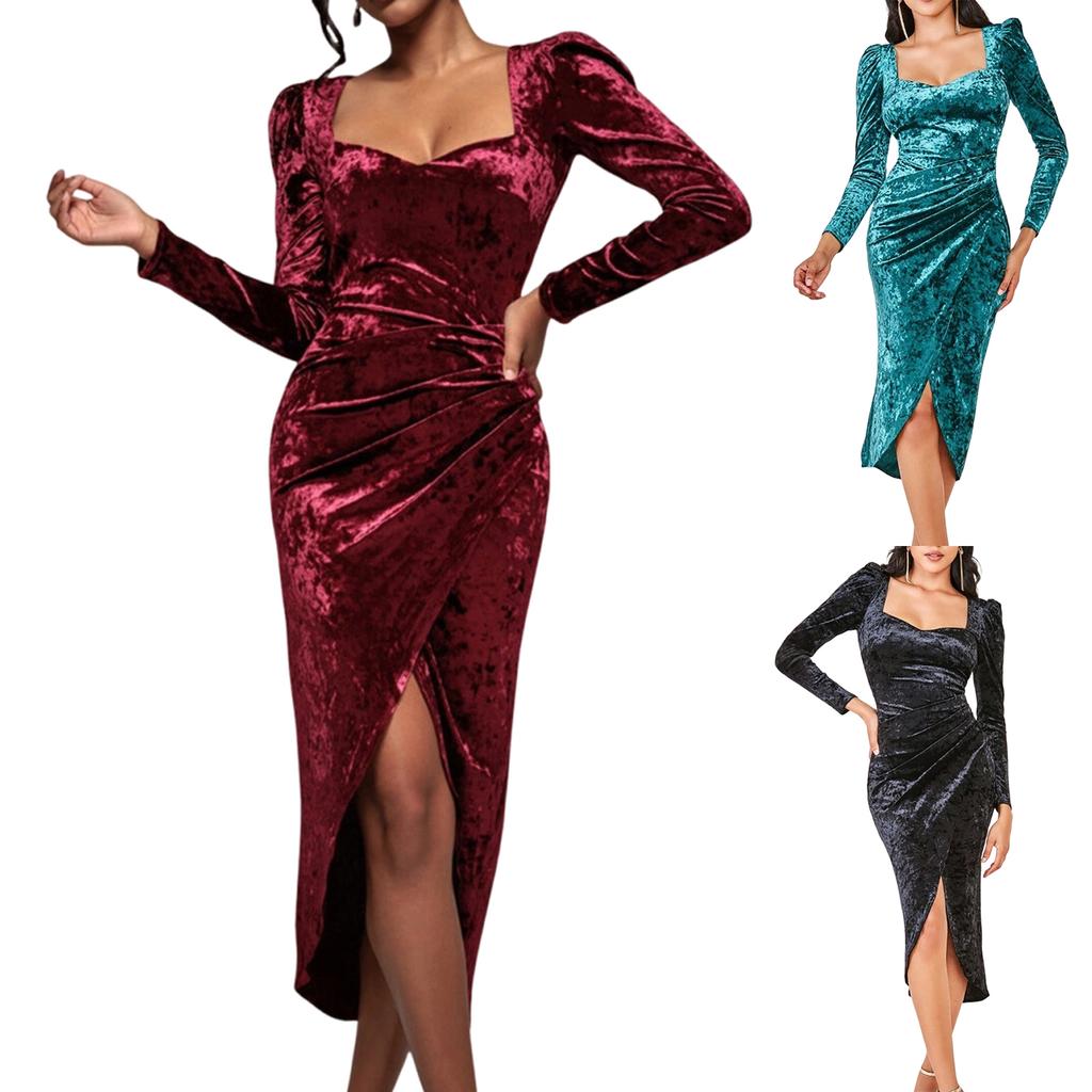 Vestido Elegante Feminino de Moda Cor Sólida Pronto para Festa Ajustado com Saia Lápis de Manga Comprida