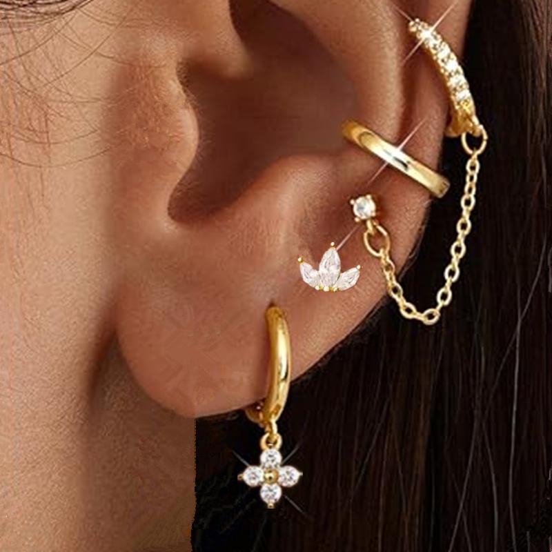 4PCS Double Piercing Chain Huggie Hoop Earring Lot For Women Tragus Stud Earrings Flower Cartilage Helix Jewelry Lobe Earing Set